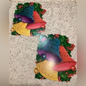 Vintage Colorful Holiday Bell Die Cut Cardboard Window Decorations Doubled Sided